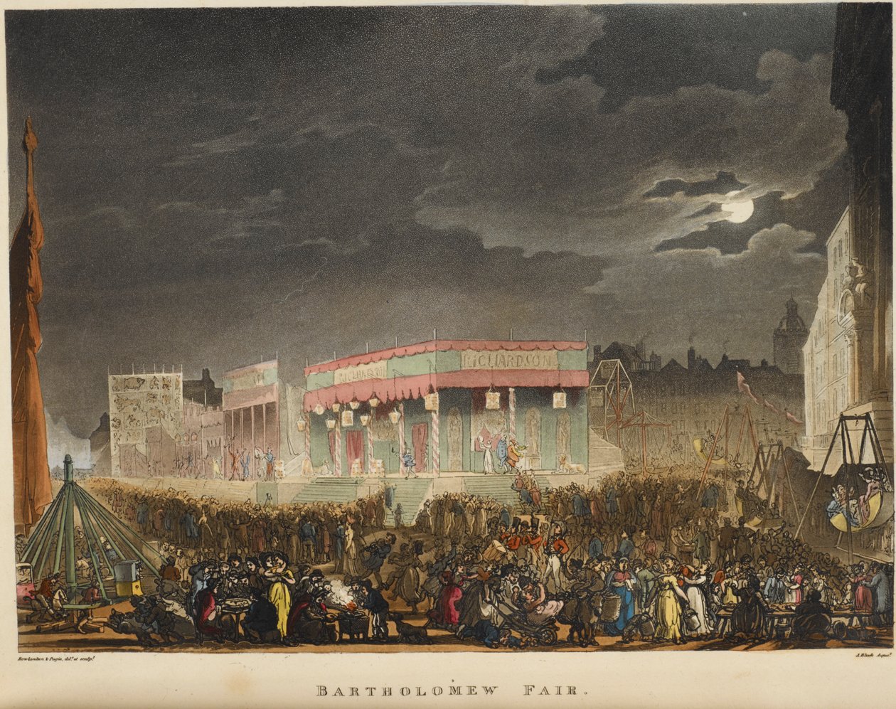 Bartolomějský jarmark. Poprvé se konala v roce 1813 a konala se každoročně v srpnu poblíž Smithfieldu a byla nejdéle provozovaným pouličním divadlem v Londýně. od T. & Pugin A.C. (1762 1832) (after) Rowlandson