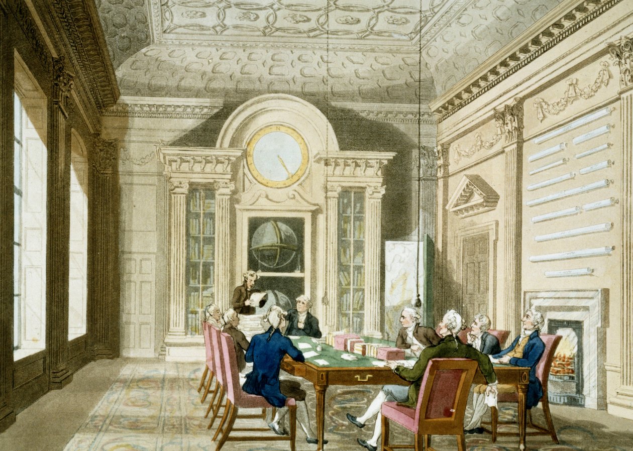 Administrativní místnost britského admirála. Barevný lept zveřejněný 1. ledna od T. & Pugin A.C. (1762 1832) (after) Rowlandson