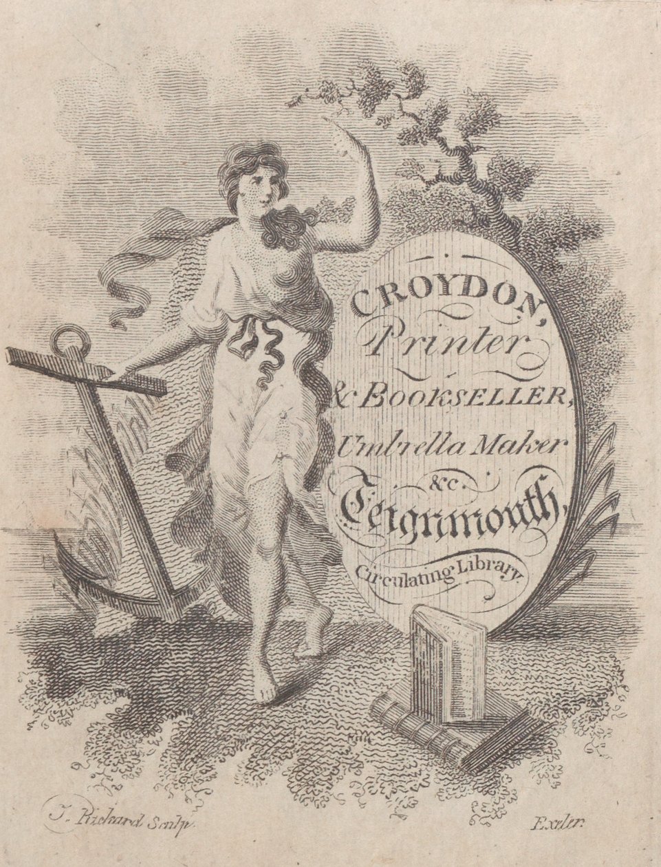 Obchodní karta pro Croydon, tiskárnu, knihkupce a výrobce deštníků, 19. stol., 19. stol. od T. Rickard