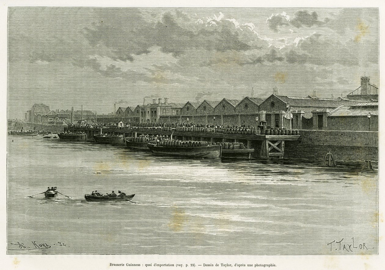 Pivovar Guinness, exportní přístaviště. Rytina od Taylora pro ilustraci příběhu Tři měsíce v Irsku, v roce 1889, Marie Anne de Bovet, in le tour du monde 1890, režie Edouard Charton (1807-1890), Hachette, Paříž. od T Taylor