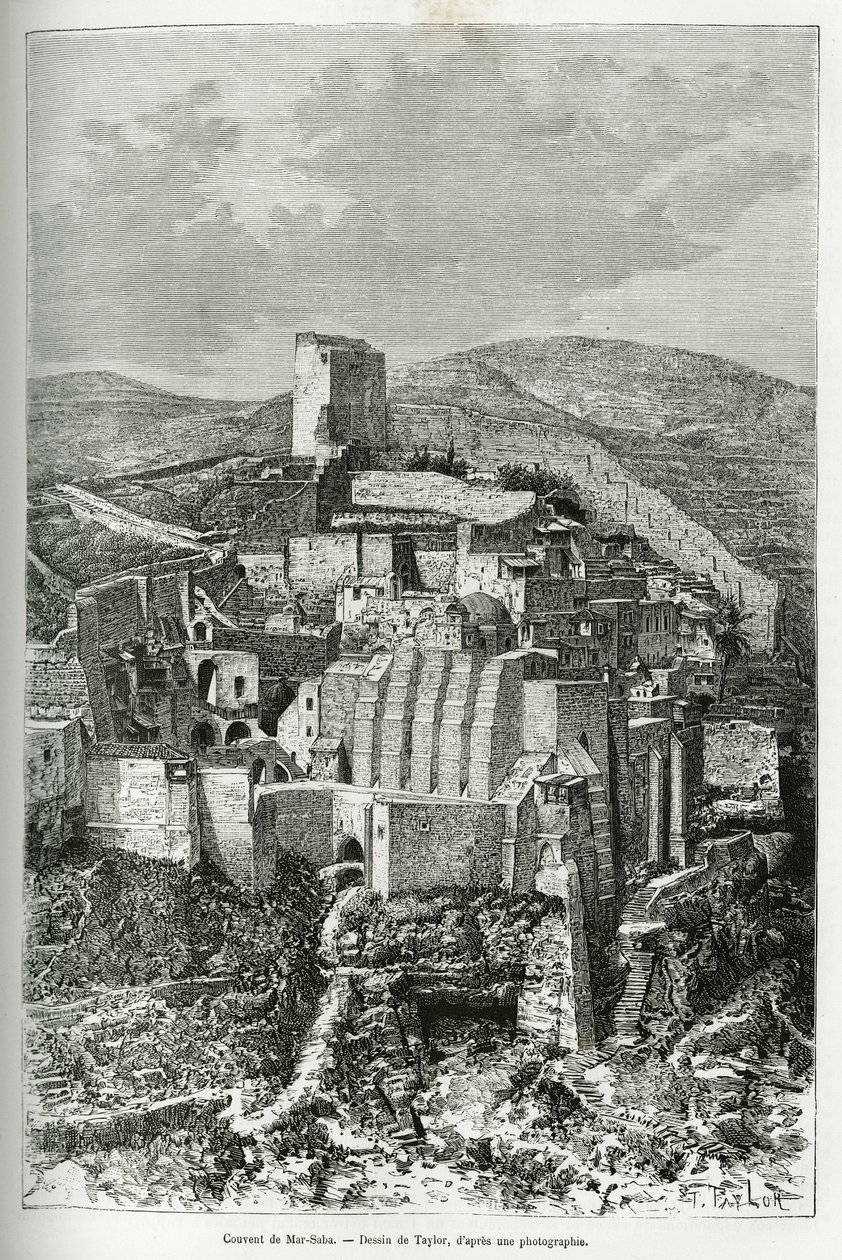 Klášter Mar-Saba (Mar Saba) (Palestina). Taylorova rytina pro ilustraci příběhu dnešní Sýrie od M. Lorteta, děkana lékařské fakulty v Lyonu, pověřeného vědeckým posláním ministerstva veřejného školství, publikovaná v Tou od T Taylor