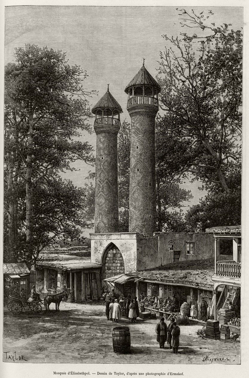 Mešita Elisabethpol (nebo Gandja, nebo Kirovabad, Ázerbájdžán). Rytina od Taylora pro ilustraci příběhu „A travers l