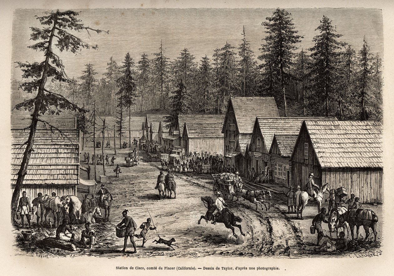 Stanice Cisco, Count of Placer (Nevada), kam lze jet rychlovlakem Pacific Railway (Pacific Railway), vyryto podle Taylorova nákresu, znázorňujícího cestu z Washingtonu do San Francisca v roce 1868, L. Simonin, vyd. v "L od T Taylor