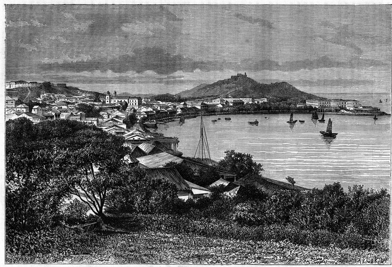 Pohled na záliv Macau. Rytina podle kresby Taylora v „Le Tour du Monde, Nouveau journal des Voyages“, editoval Edouard Charton, Paříž od T Taylor