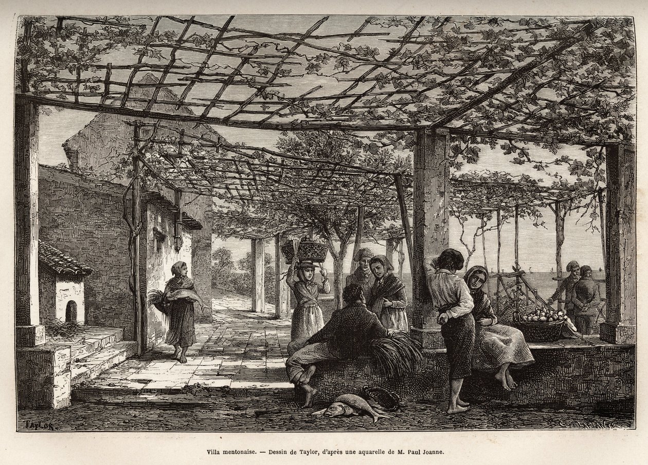 Villa Menton, rytina podle Taylorovy kresby, ilustrující cestu Menton a Bordhighera, v roce 1871, Adolphe Joanne, publikovaná v „Le tour du monde““ 1874, editoval Edouard Charton, vydání Hachette, Paříž. Kolekce Selva. od T Taylor