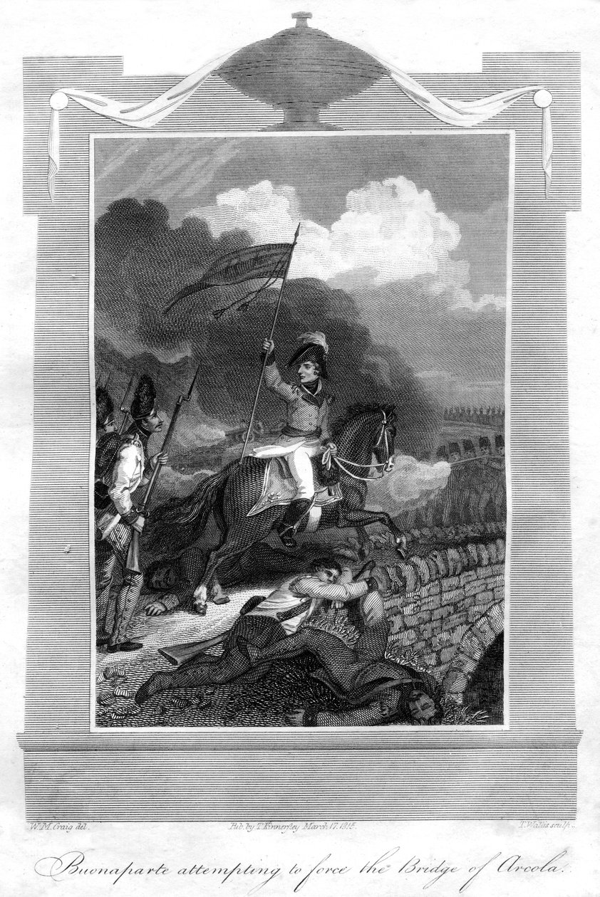 Napoleon Bonaparte se pokouší prosadit most Arcola, 1816. od T. Wallis