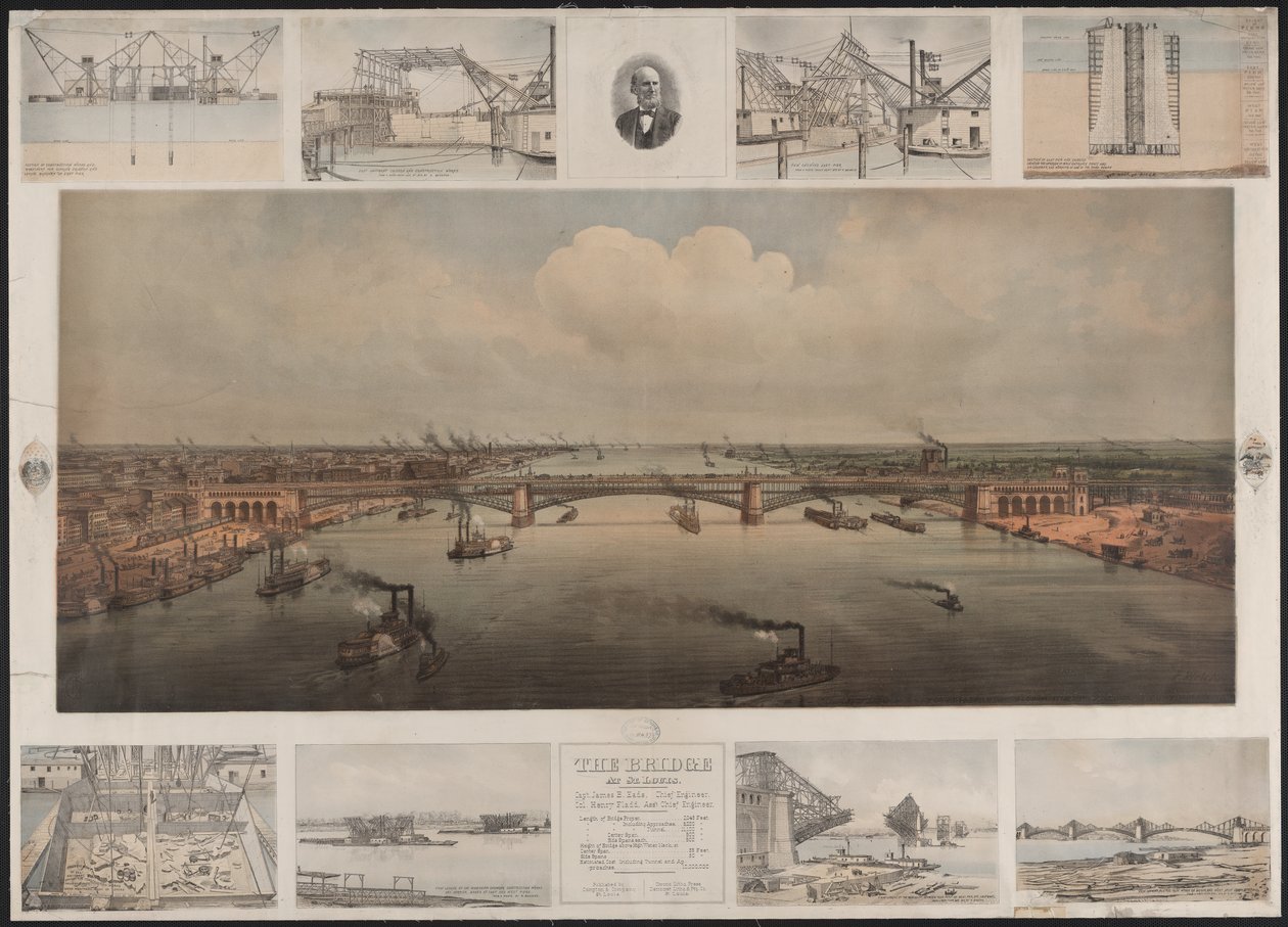 Most v St Louis, kolem roku 1874 (chromolitograf) od T. Welcker
