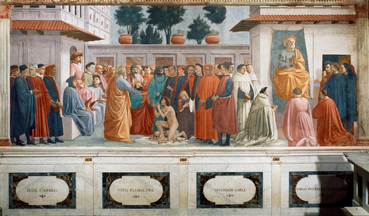 Vzkříšení syna Theophila, krále Antiochie, a svatého Petra intronizovaného jako prvního biskupa Antiochie, kolem roku 1427 a kolem roku 1480 (freska) od T. Masaccio, F. Lippi