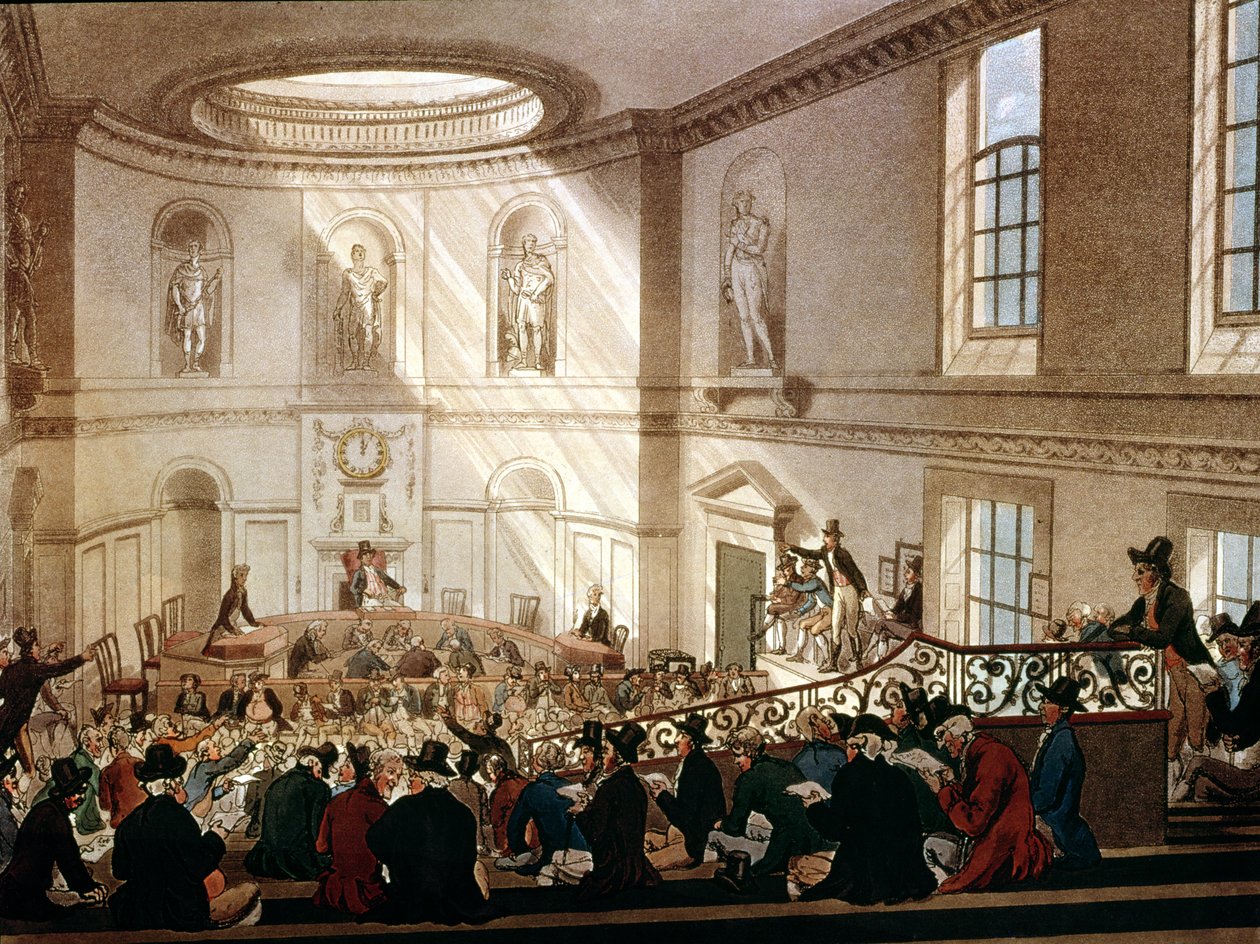 India House, The Sale Room, od Ackermanns Microcosm of London, vyrytý Joseph Constantine Stadler (fl.1780-1812), 1808 (akvatinta) od T. and Pugin Rowlandson