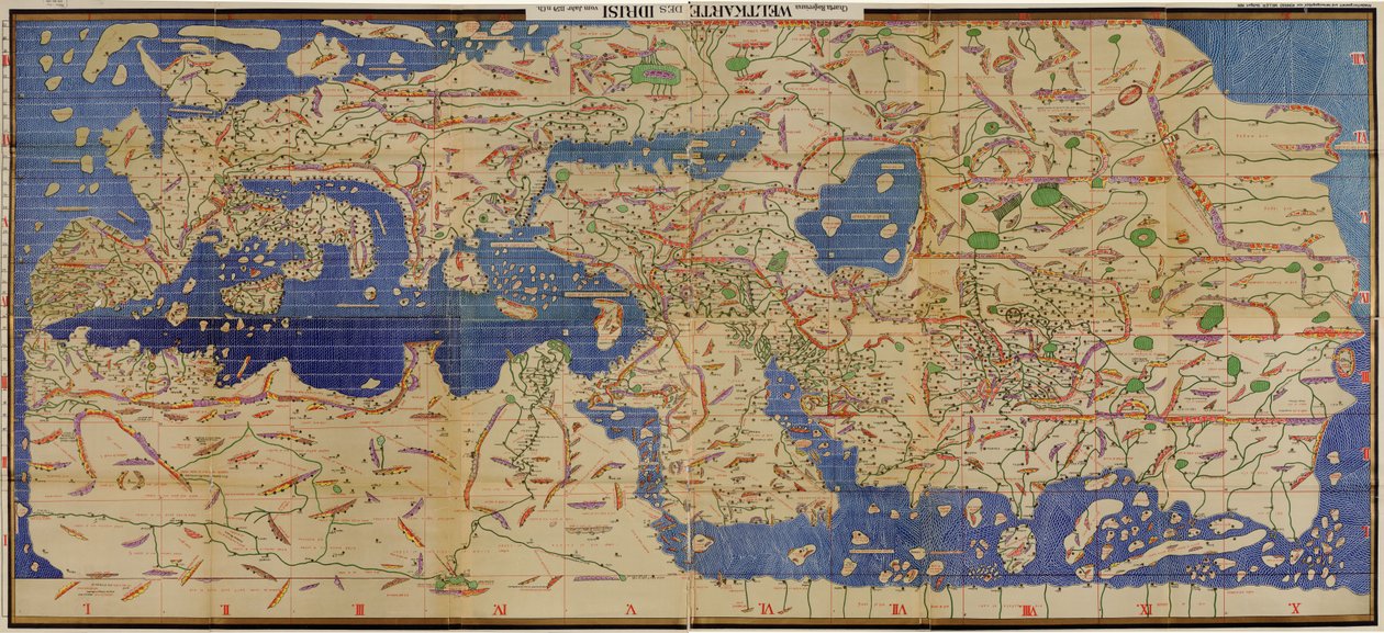 Kopie z roku 1929 se jmény přepsanými do latinského písma arabské Tabula Rogeriana z roku 1154, vzhůru nohama se severem orientovaným nahoru od TabulaRogeriana.jpg