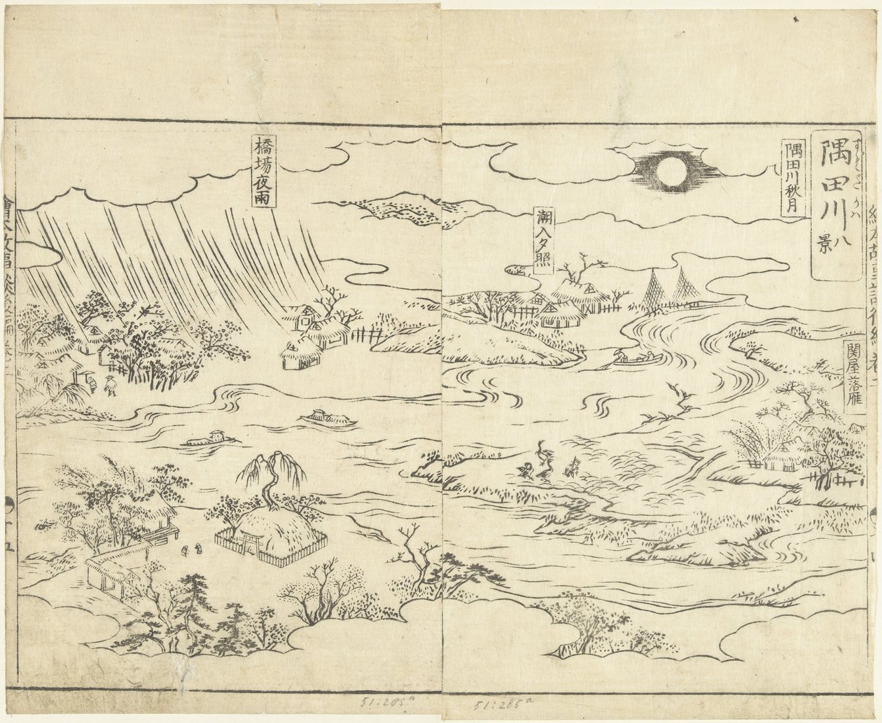 Osm pohledů na řeku Sumidu Sumidagawa hakkei (název na objektu) Ehon kojidan (název série na objektu) od Tachibana Morikuni
