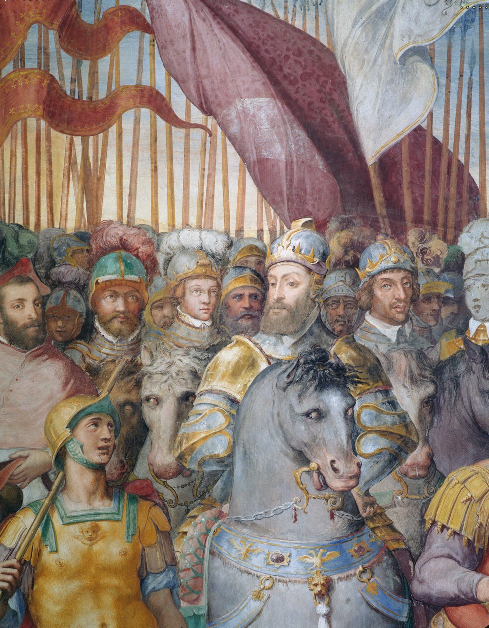 Detail vojsk kardinála Alessandra Farneseho a Karla V. odcházejícího do války proti luteránům, v sále Farnesiny od Federico Zuccaro