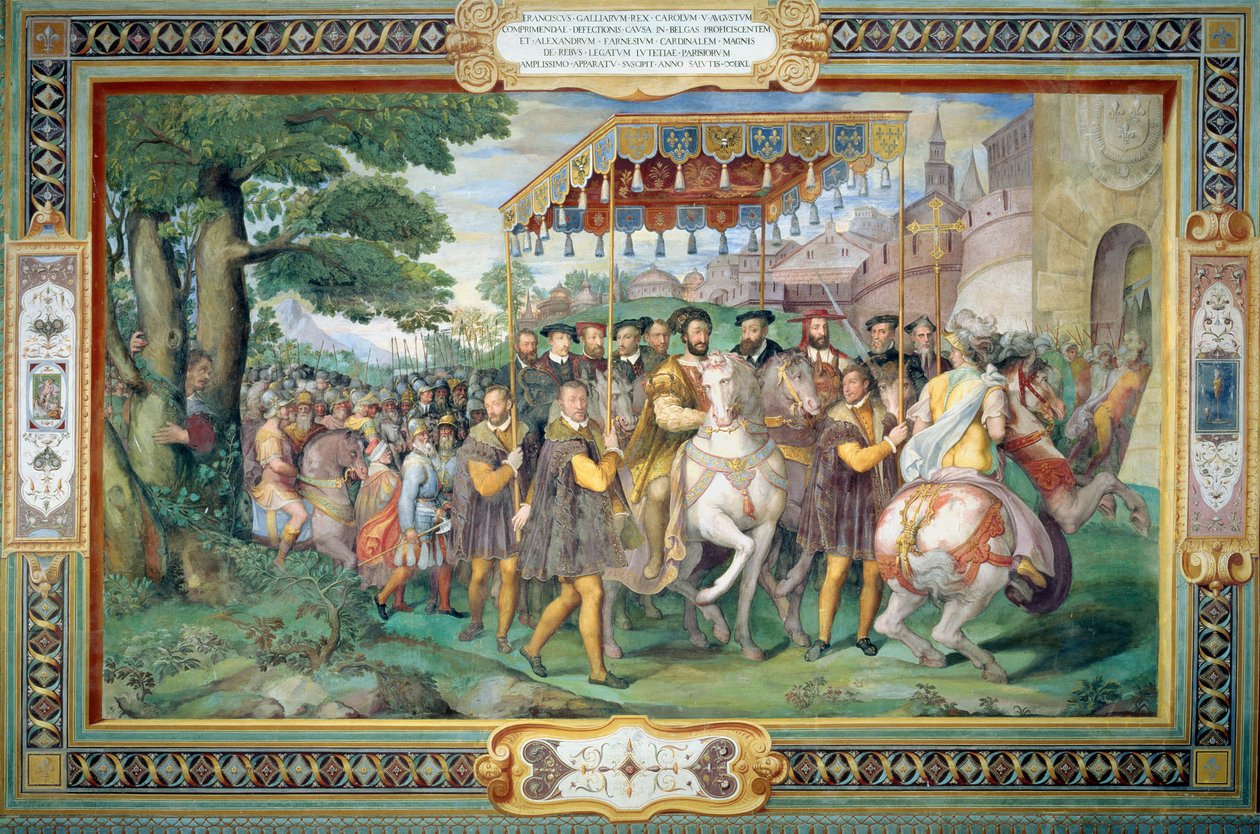 František I. (1494-1547) a Alessandro Farnese (1546-92) Vstup do Paříže v roce 1540 ze „Sala dei Fasti Farnese“ (Síň slávy Farnese) 1557-66 od Federico Zuccaro