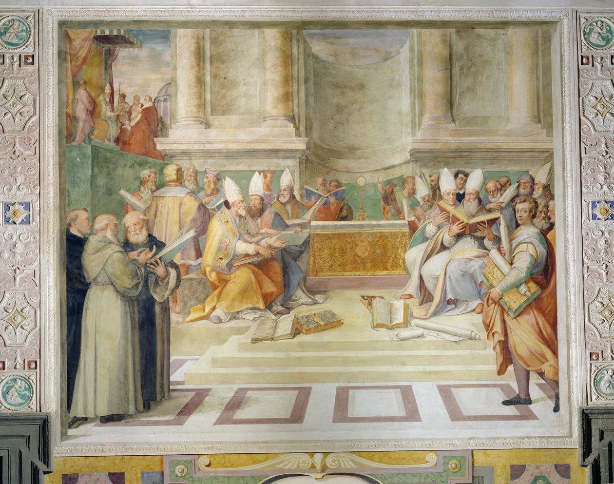 Vyhlášení Tridentského koncilu v roce 1546 k reformě křesťanské disciplíny v sněmovní síni od Federico Zuccaro