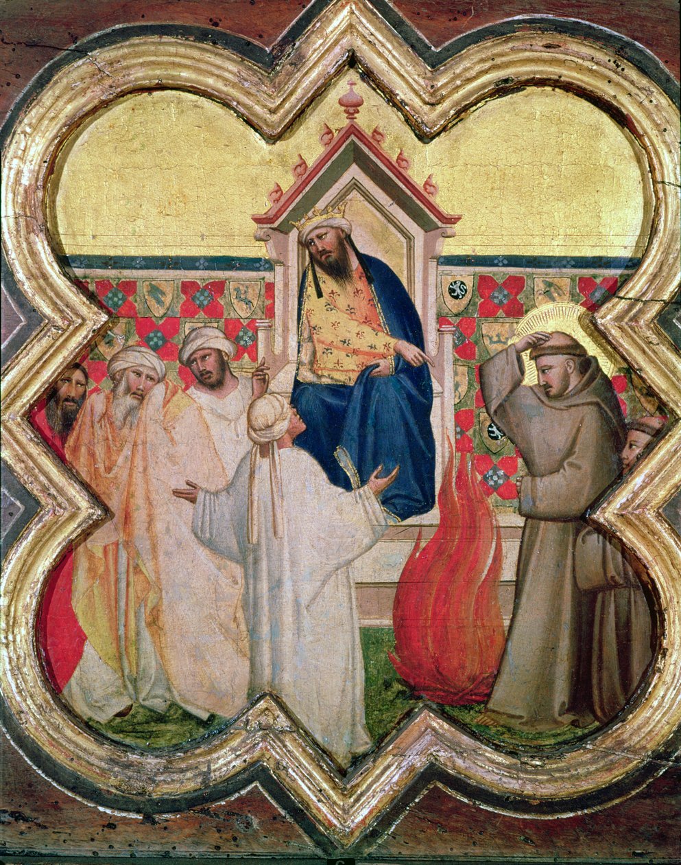 Zkouška ohněm, svatý František nabízí projít ohněm, obrátit egyptského sultána v roce 1219, od Taddeo Gaddi