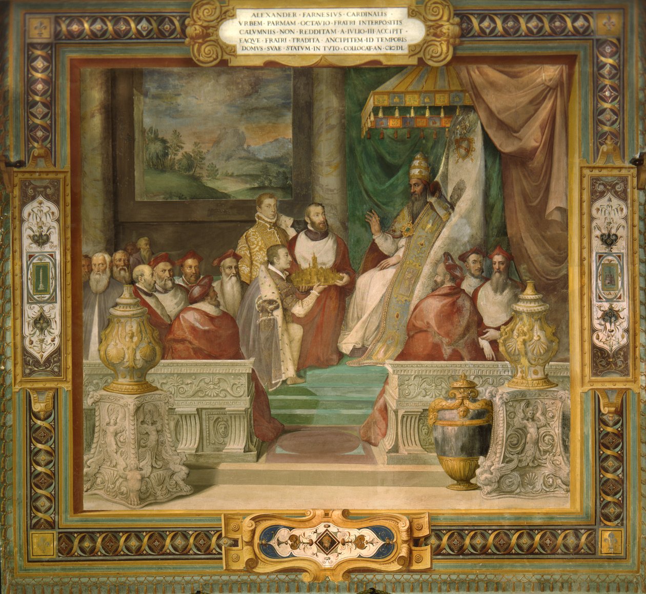 Alessandro a Ottavio Farnese představující model města Piacenza papeži Juliu III. od Taddeo Zuccari