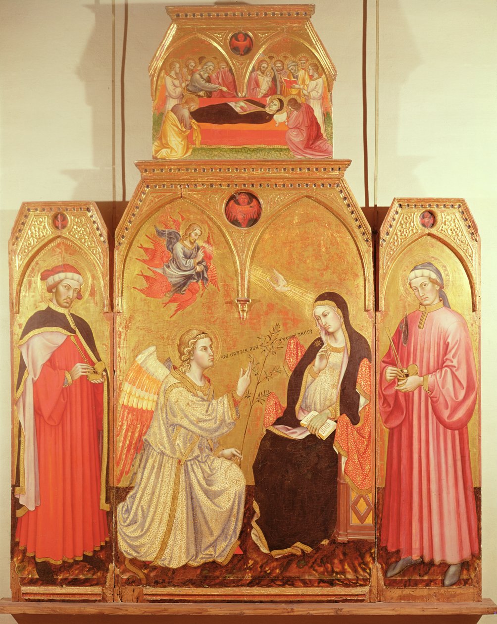 Zvěstování se sv. Kosmou a sv. Damiánem, 1409 (zlato a tempera na desce) od Taddeo di Bartolo
