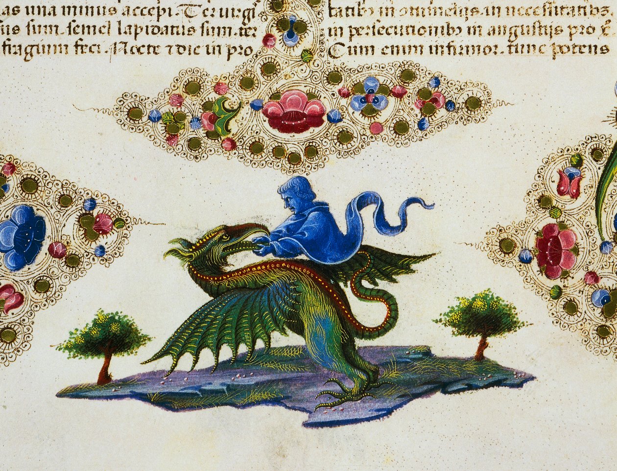 Okrajový vlys na úpatí stránky s postavou génia a okřídleného netvora, svazek II f 198, v, Bible Borso d