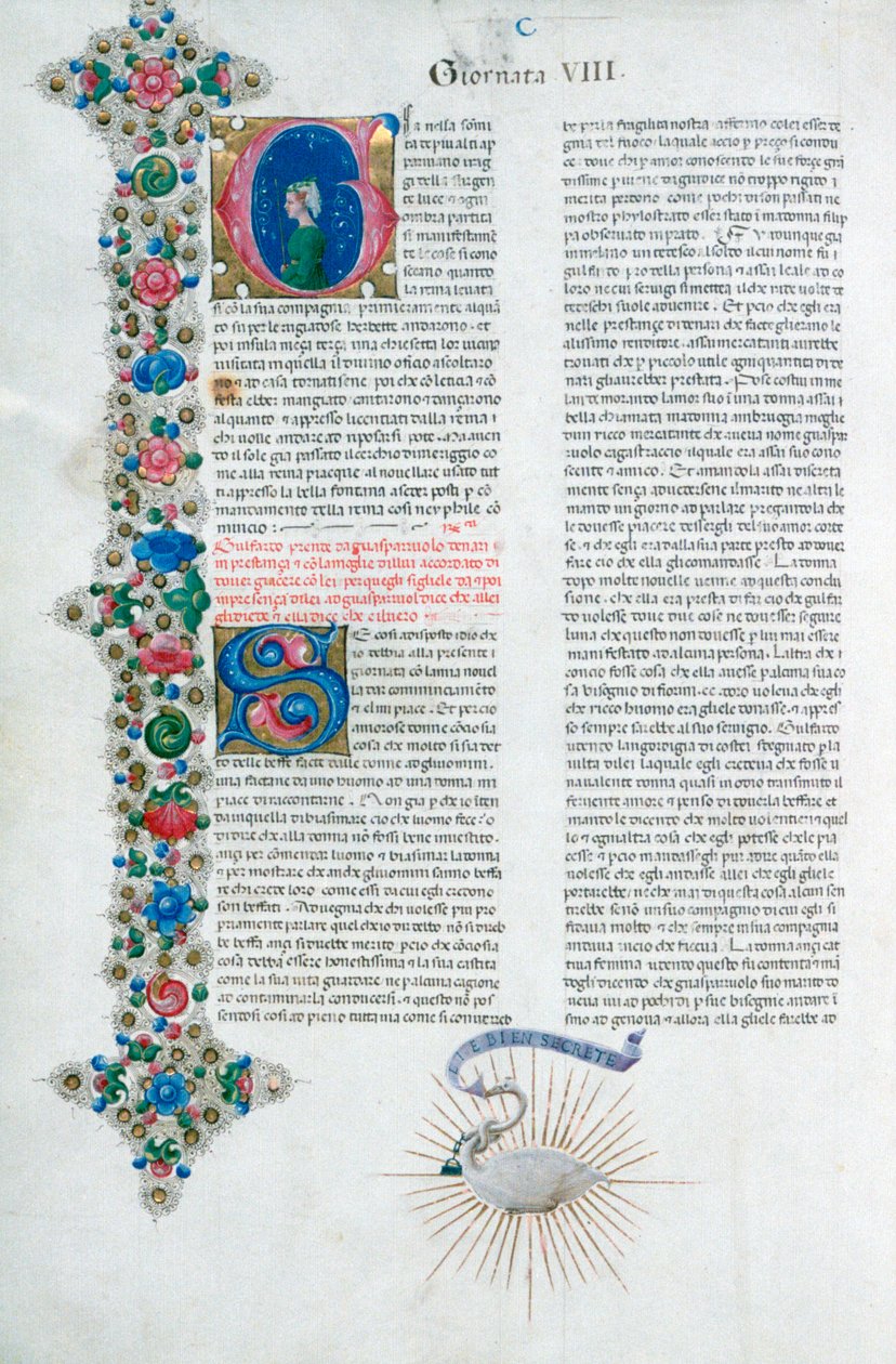 Iluminovaná rukopisná stránka z Dekameronu, Giovanni Boccaccio, Ital, c1467. od Taddeo Crivelli