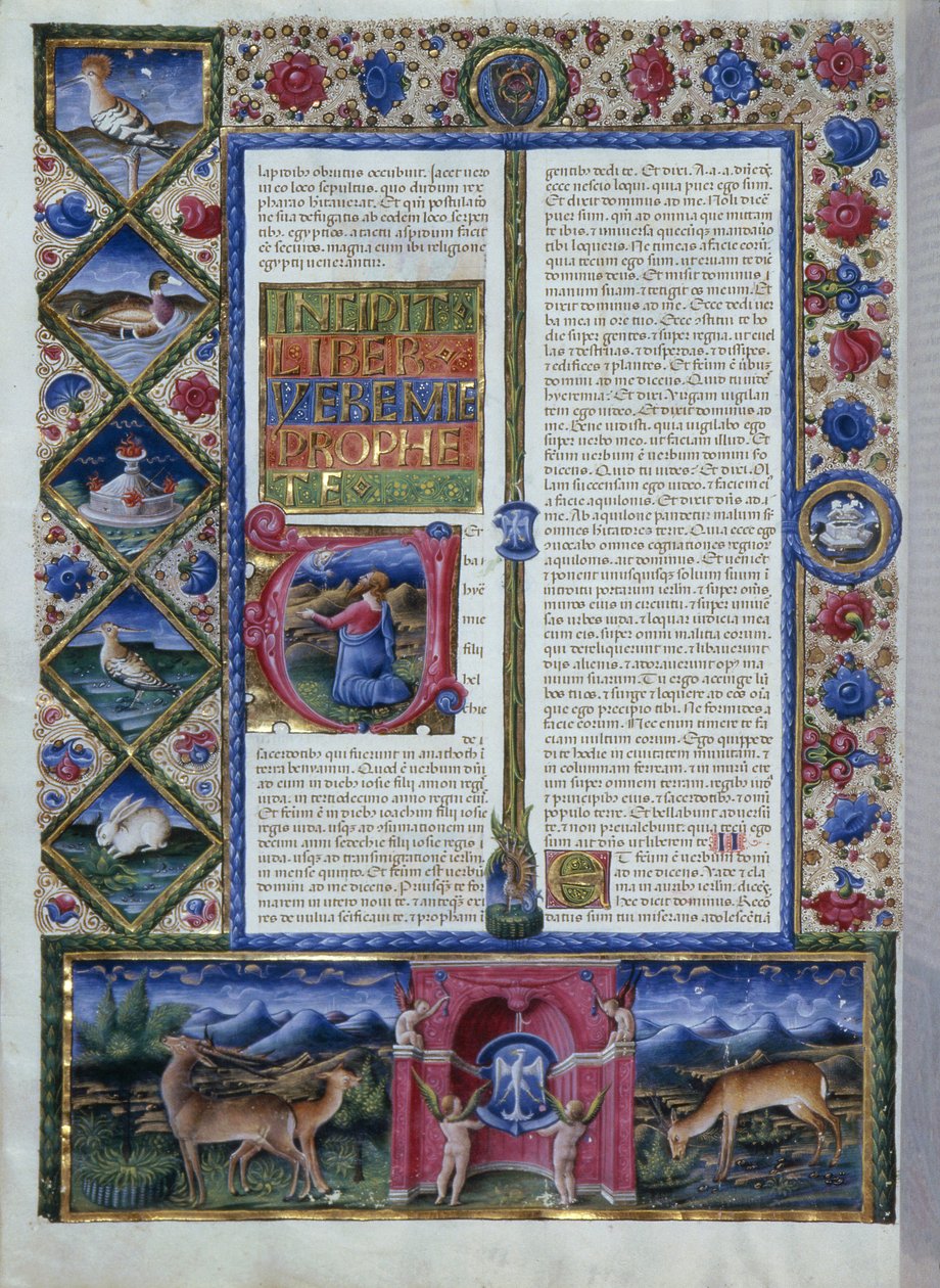 Incipit knihy Jeremiáš zobrazující proroka v lettrínu, z Bible Borso d