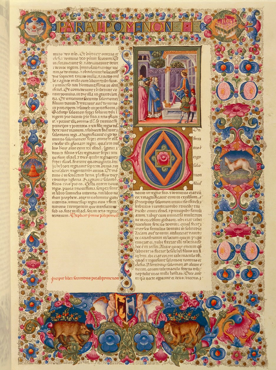 Itálie, incipit druhé knihy kronik nebo miniatura Paralipomenona II z latinské Bible Borso d