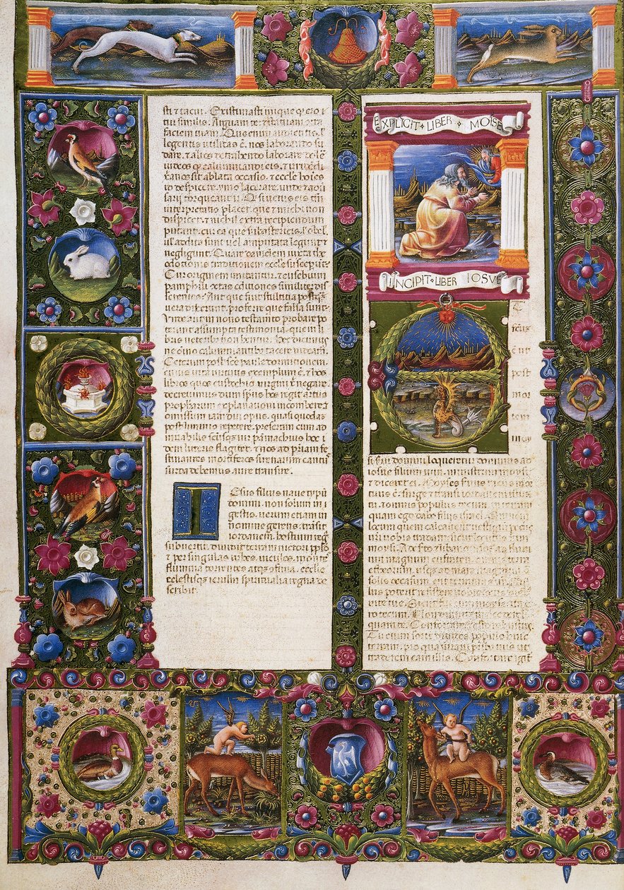 Konec knihy Deuteronomium a incipit z knihy Jozue, z II. dílu Bible Borso d