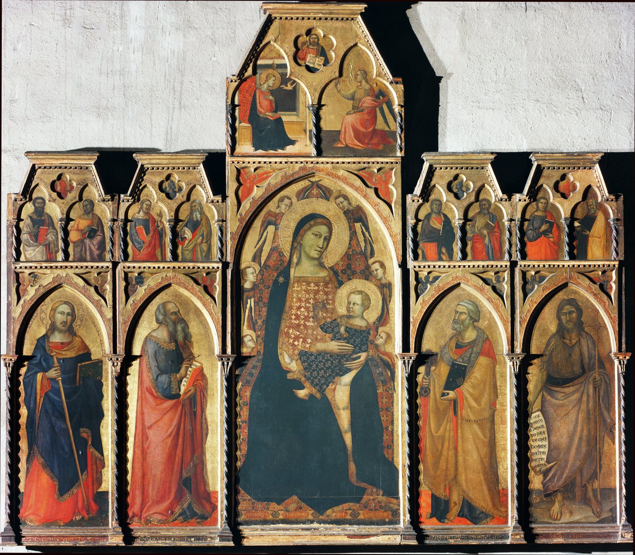 Panna s dítětem se svatým Jakubem majorem, svatým Janem evangelistou, svatým Petrem a svatým Janem Křtitelem - tempera na panelu,1350-1353 od Taddeo Gaddi
