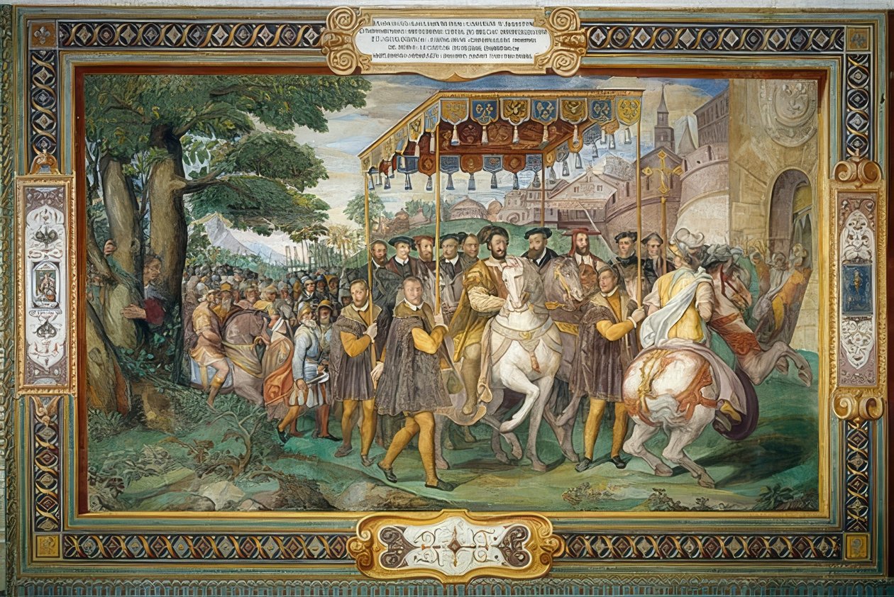 Král František I. přijímá Karla V. a kardinála Alessandra Farnese v Paříži v roce 1540. 1559 od Taddeo Zuccari