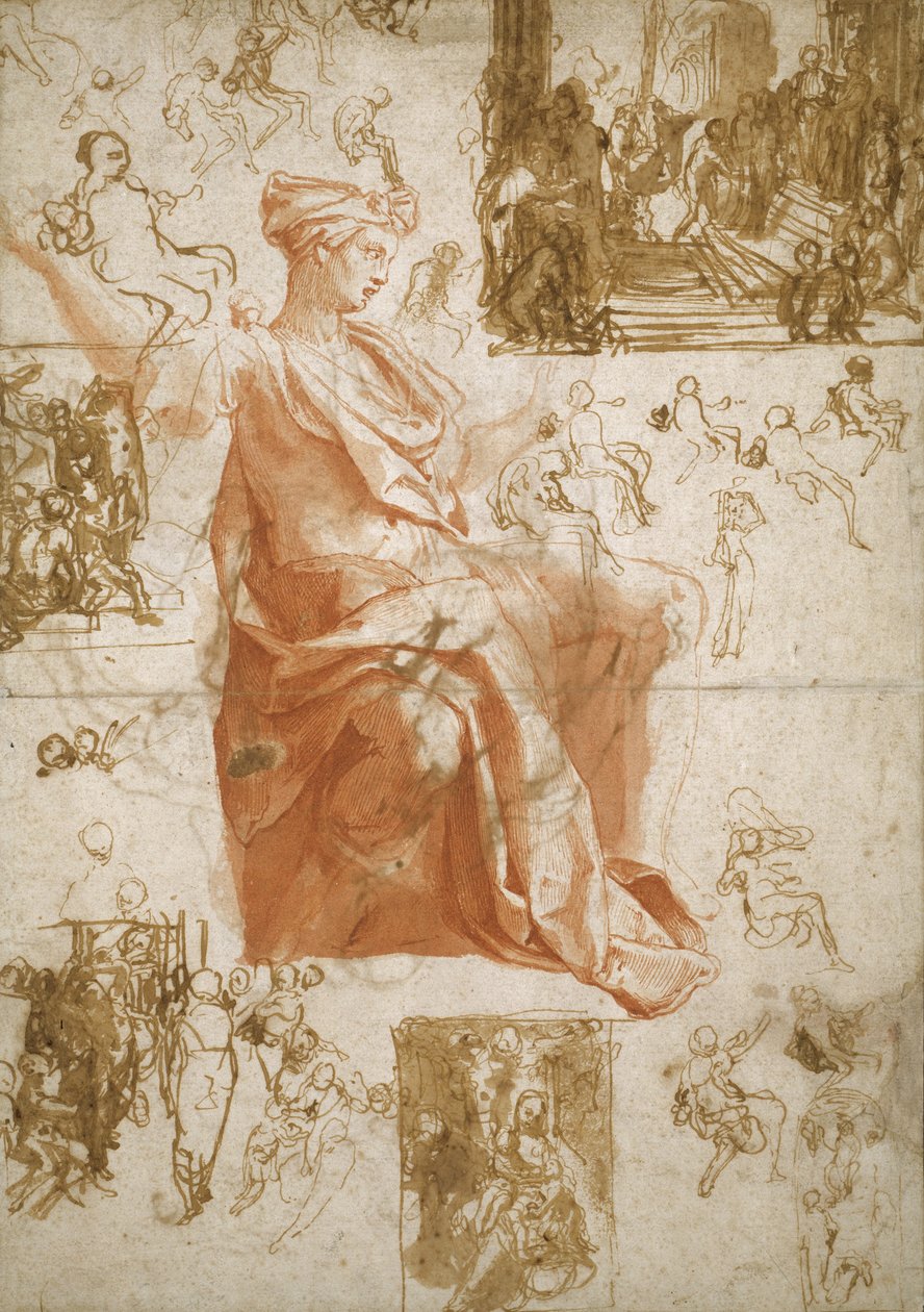 List studií k oslepení Elymas, oběti v Lystře a svaté rodině, kolem roku 1558 od Taddeo Zuccaro