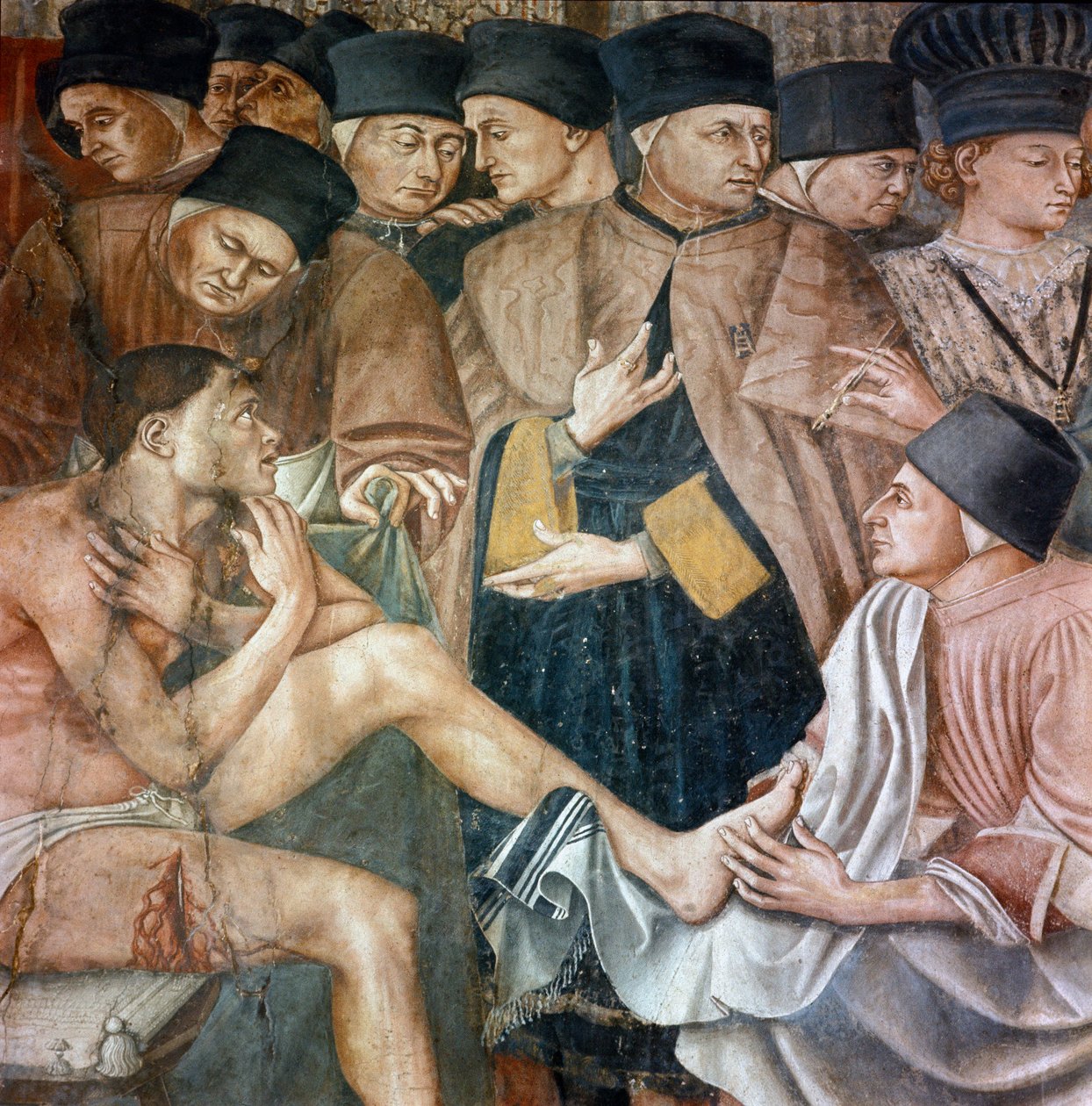 Péče o nemocné v nemocnici, sestry mytí nohou pelerinové rány "" Detail. Freska od Taddea di Bartolo (1363-1422) Siena ze 14. století, nemocnice Santa Maria della Scala od Taddeo di Bartolo