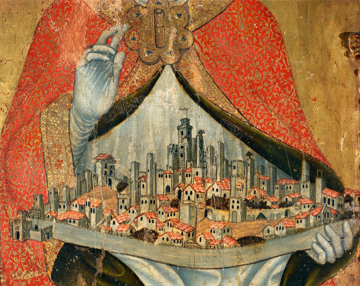 Pohled na město San Gimignano, s domy a památkami, detail (malba od Taddeo di Bartolo