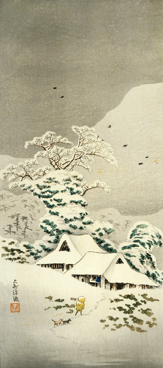 Scéna ve sněhu v Sawatari v Joshu District, cca 1930, od Takahashi Shotei (1871-1945), dřevoryt ve tvaru o-tanzaku, 38,1 x 17,1 cm, japonská civilizace, období Meiji-Showa od Takahashi Shotei