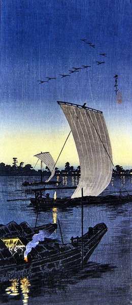 Večerní lodě na Sekiyado (barevný dřevotisk) od Takahashi  Hiroaki