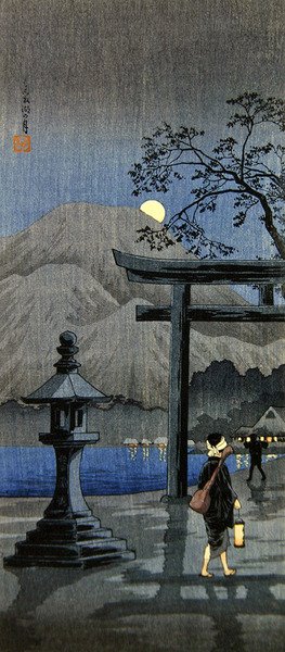 Lucerna a brána Torii (barevný dřevořez) od Takahashi  Hiroaki