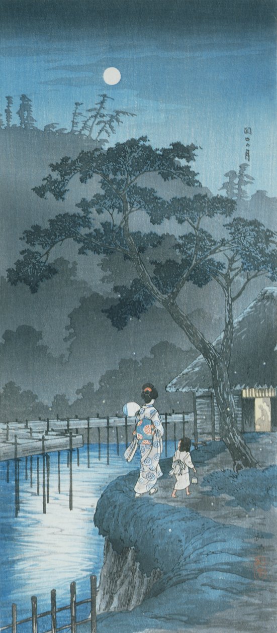 Žena, dítě a měsíc (barevný dřevořez) od Takahashi  Hiroaki