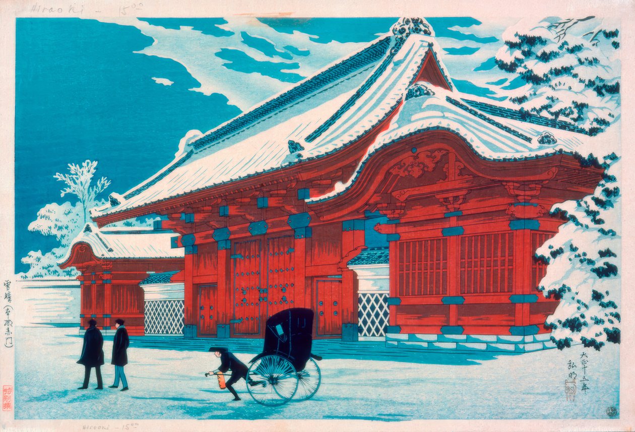 Červená brána Hongo ve sněhu od Takahashi Hiroaki