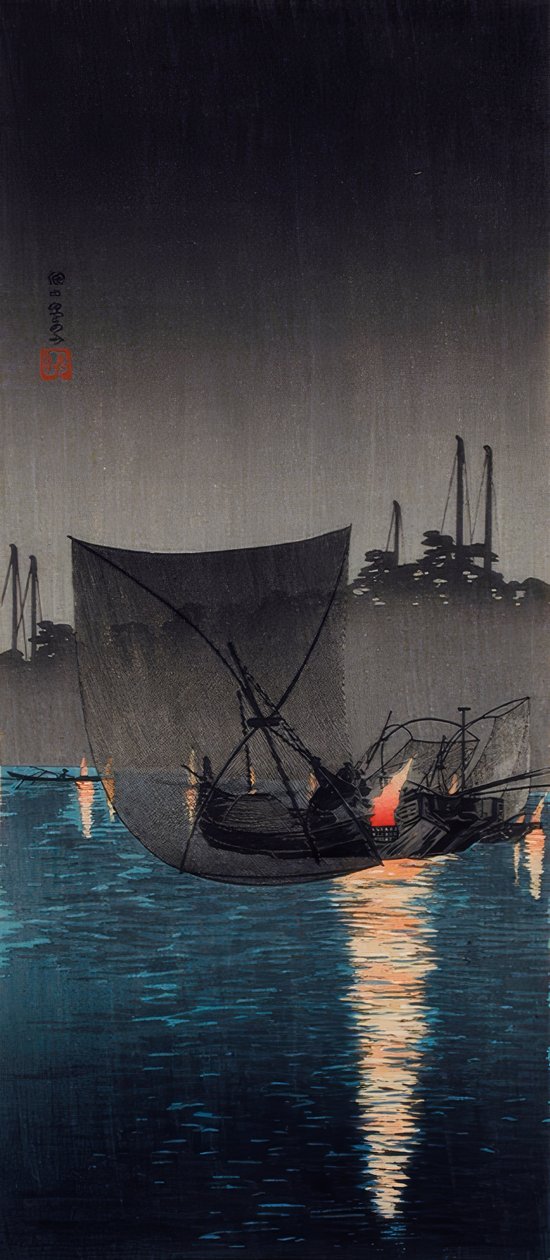 Ostrov Tsukuda, rybářské sítě v noci od Takahashi Hiroaki