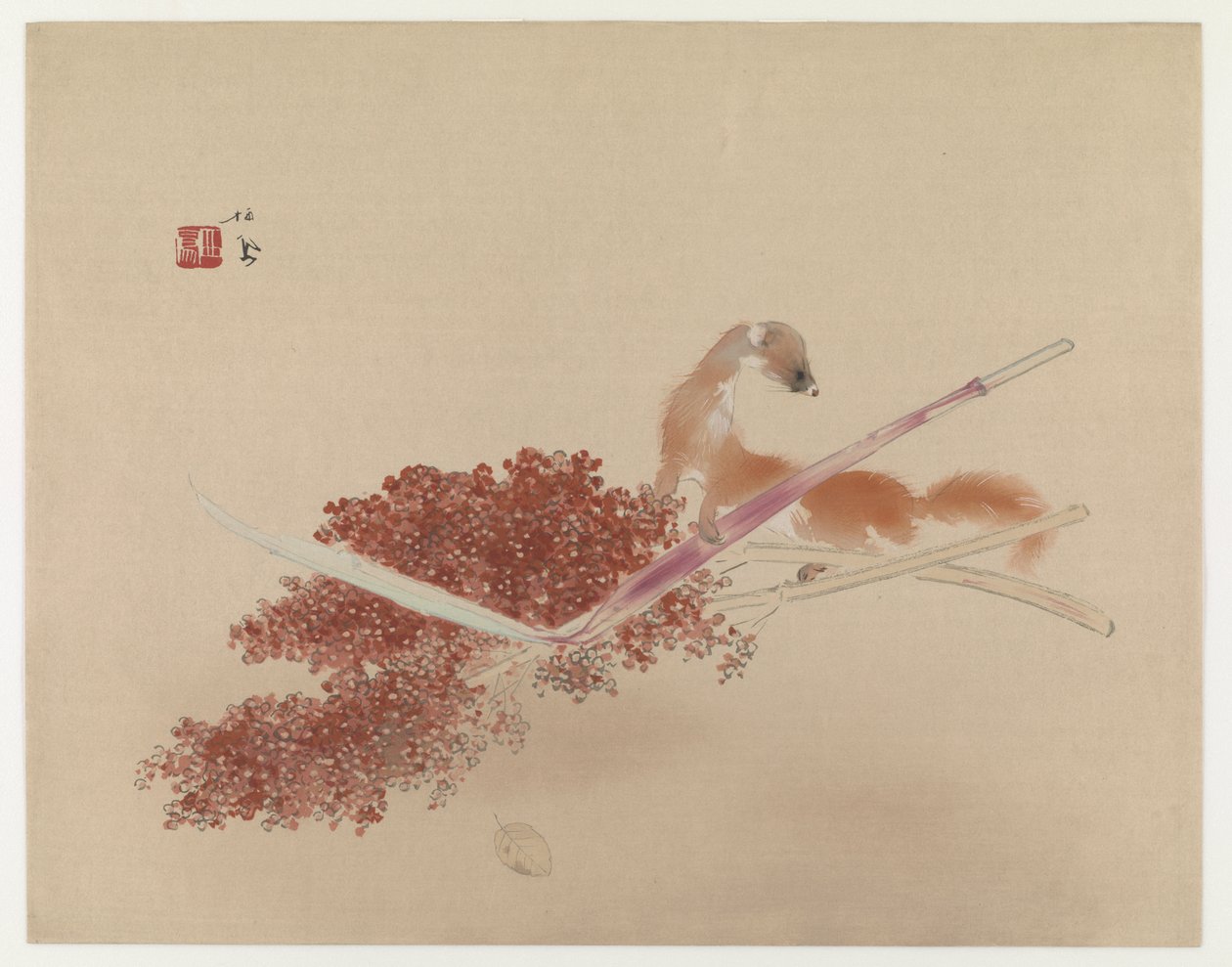 Seihôs Masterworks: Ferret And Millet (barevný dřevořez) od Takeuchi Seiho