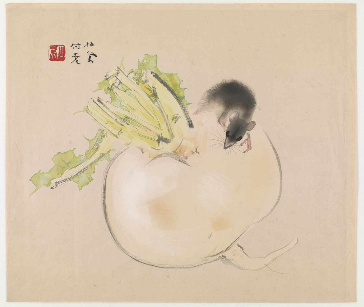 Bílá ředkev (Daikon) a krysa (barevný dřevotisk) od Takeuchi Seiho
