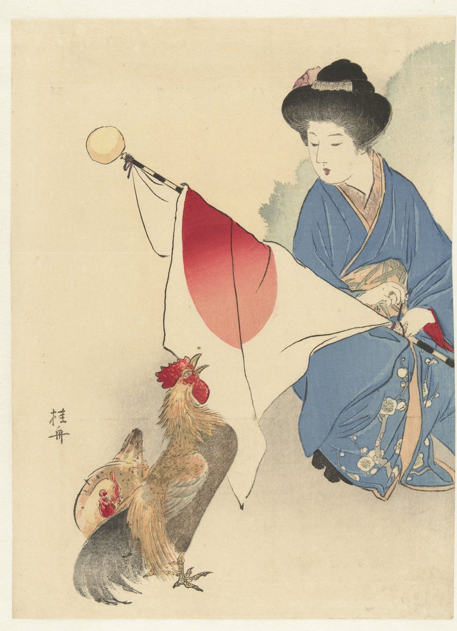 Žena s japonskou vlajkou a kohoutem od Takeuchi Keishū
