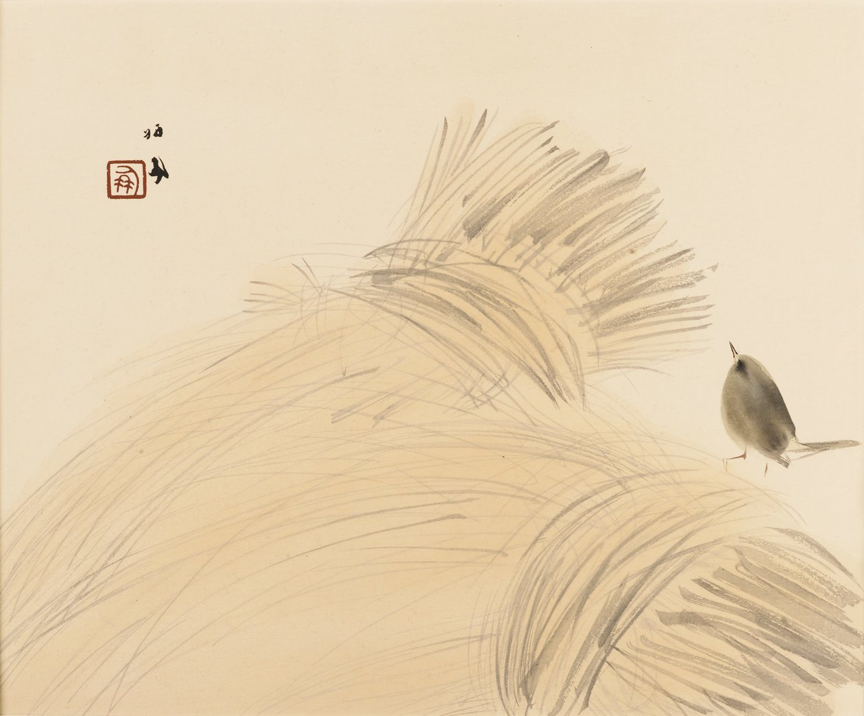 Woodblock print - Wren on corn stook, konec 19.-začátek 20. století od Takeuchi Seiko