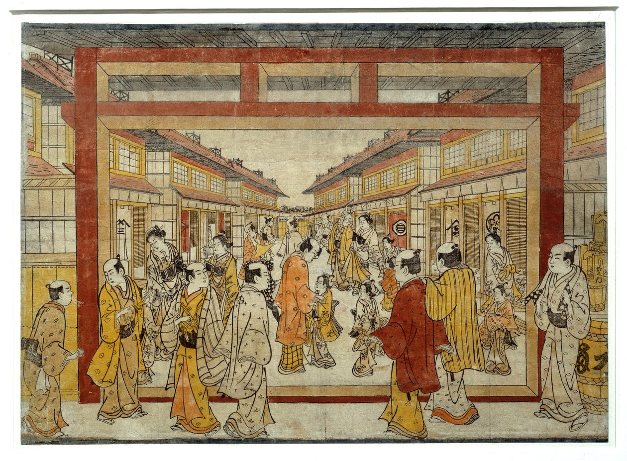 Perspektivní pohled na Nakano-Cho. Japonský tisk Masanobu Tanaka, aktivní v letech 1741 až 1748, styl Ukiyo-E. Paříž, Musée Guimet od Tanaka Masunobu