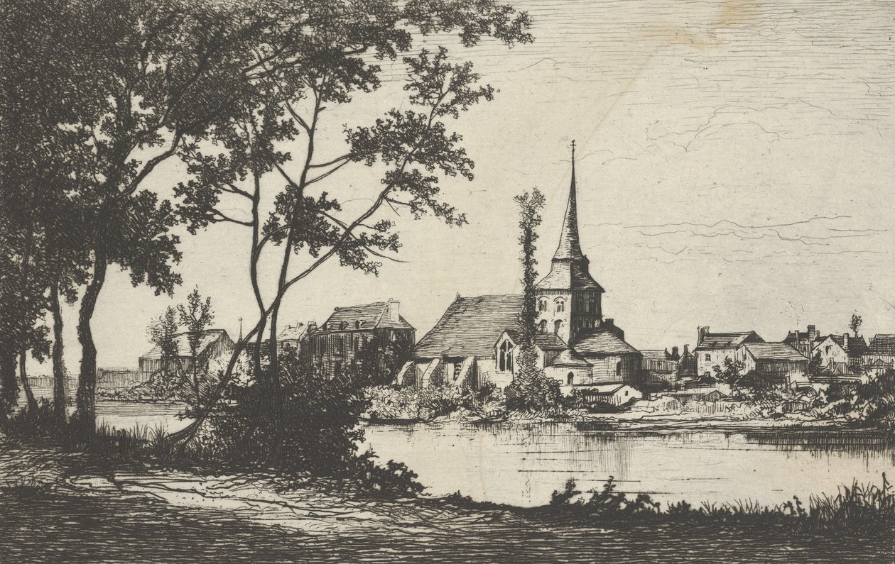 Město s kostelem přes řeku, 19. století. od Tancrède Abraham