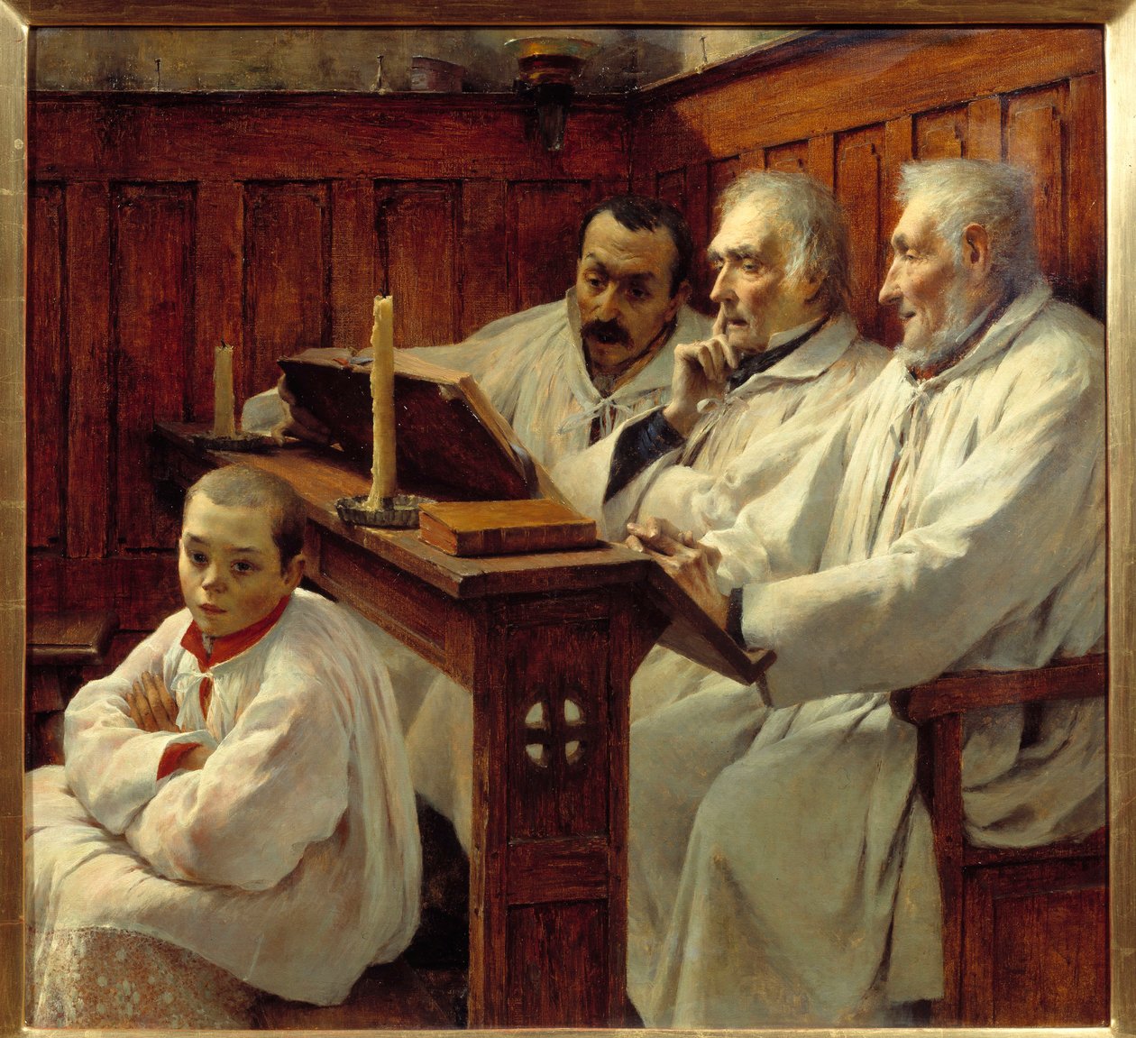 Kněží víry a sborové dítě čtoucí Bibli. Obraz Tancrede Bastet (1858-1942) Grenoble 20. století, Musee des Beaux Arts Pozor! Použití tohoto díla může podléhat žádosti o autorizaci třetí stranou nebo dalším poplatkům od Tancrede Bastet