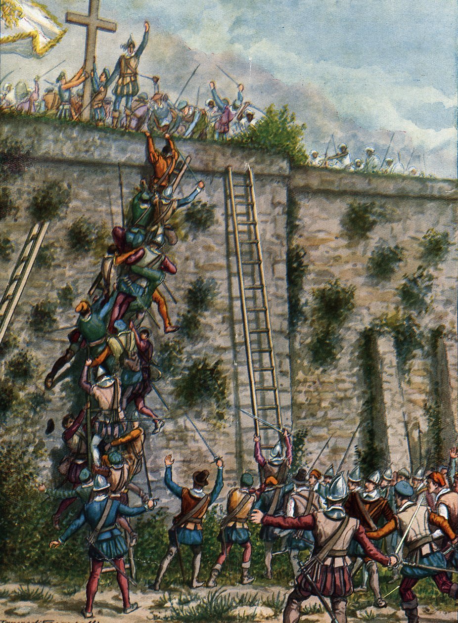 Vojáci Afonso Albuquerque útočící na Aden v únoru 1513, ilustrace z Historie navigátorů, 1936 od Tancredi Scarpelli