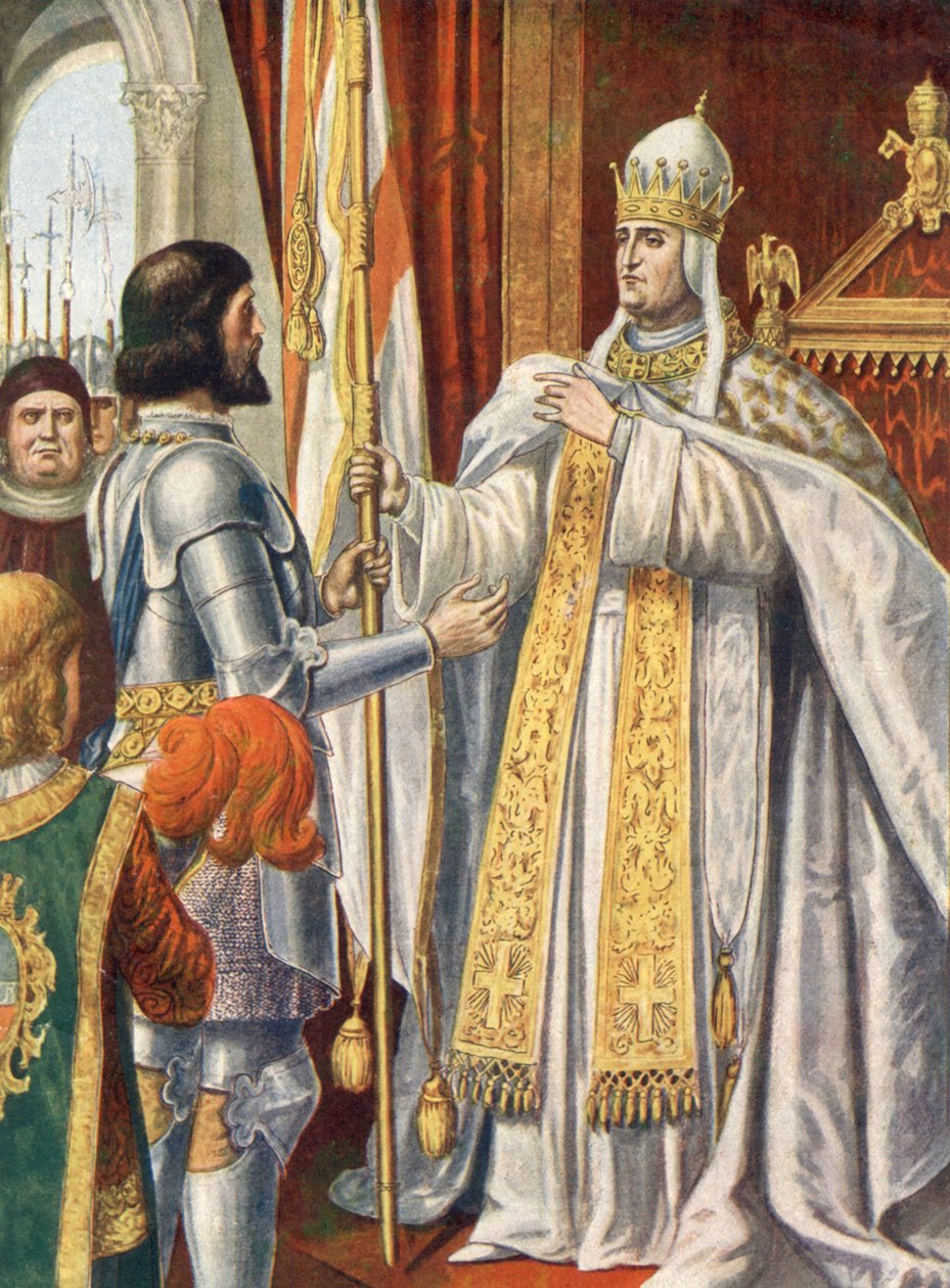 Alberico da Barbiano dostává od papeže Urbana VI. vlajku s nápisem "Itálie osvobozena od barbarů". od Tancredi Scarpelli