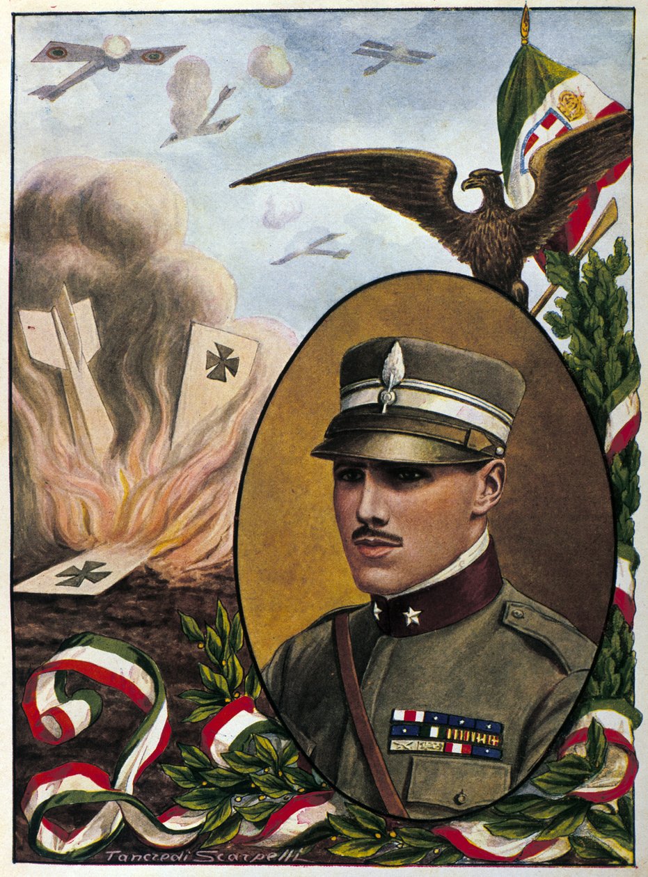 Alegorie o majoru Francescu Baraccovi (1888-1918), hrdinech italského letectva, kteří zahynuli v bitvě v roce 1918. Kresba Tancredi Scarpelli. milánský . od Tancredi Scarpelli