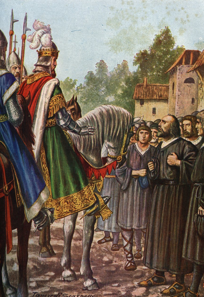 Císař Frederic I. Barberossa (1122-1190) na své druhé cestě do Itálie v roce 1158 míjí řeku Adda a setkává se s lidmi z Lodi, kteří ho prosí, aby získal jejich území zpět. Tancredi Scarpelli (1866-1937) z „Storia d