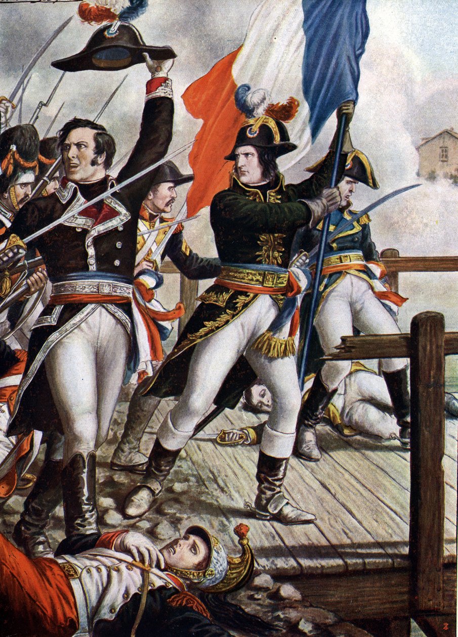 První italské tažení: Napoleon Bonaparte (1769-1821) v bitvě u mostu Arcole, listopad 1796“ (Napoleon Bonaparte během bitvy u mostu Arcole (Arcola), listopad 1796) Ilustrace Tancredi Scarpelli (1866-1937) od „Storia od Tancredi Scarpelli