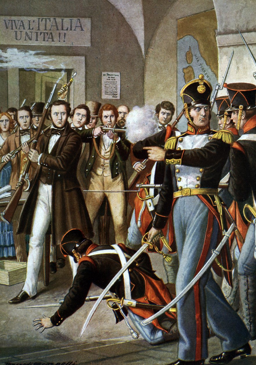 Povstalecká hnutí 1830: Zatčení Ciro Menotti (1798-1831) Italský patriot Člen hnutí Carbonari (Carboneria, Coalwork) a Modene, v roce 1830, Itálie“ (Útok na dům Ciro Menotti během povstání v Modeně, Itálie 1830) Ilustr od Tancredi Scarpelli